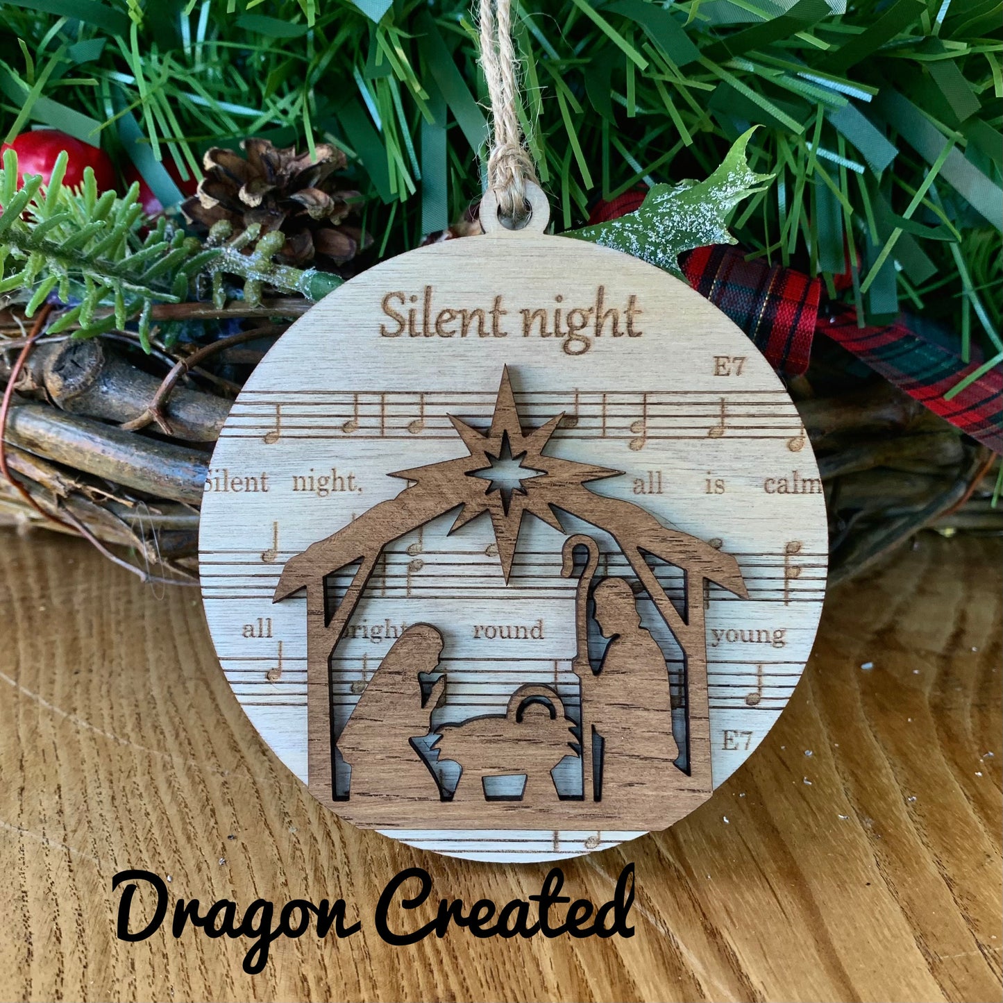 Silent Night Wooden Bauble, Christmas Tree Ornament, Christmas Carol, Nativity