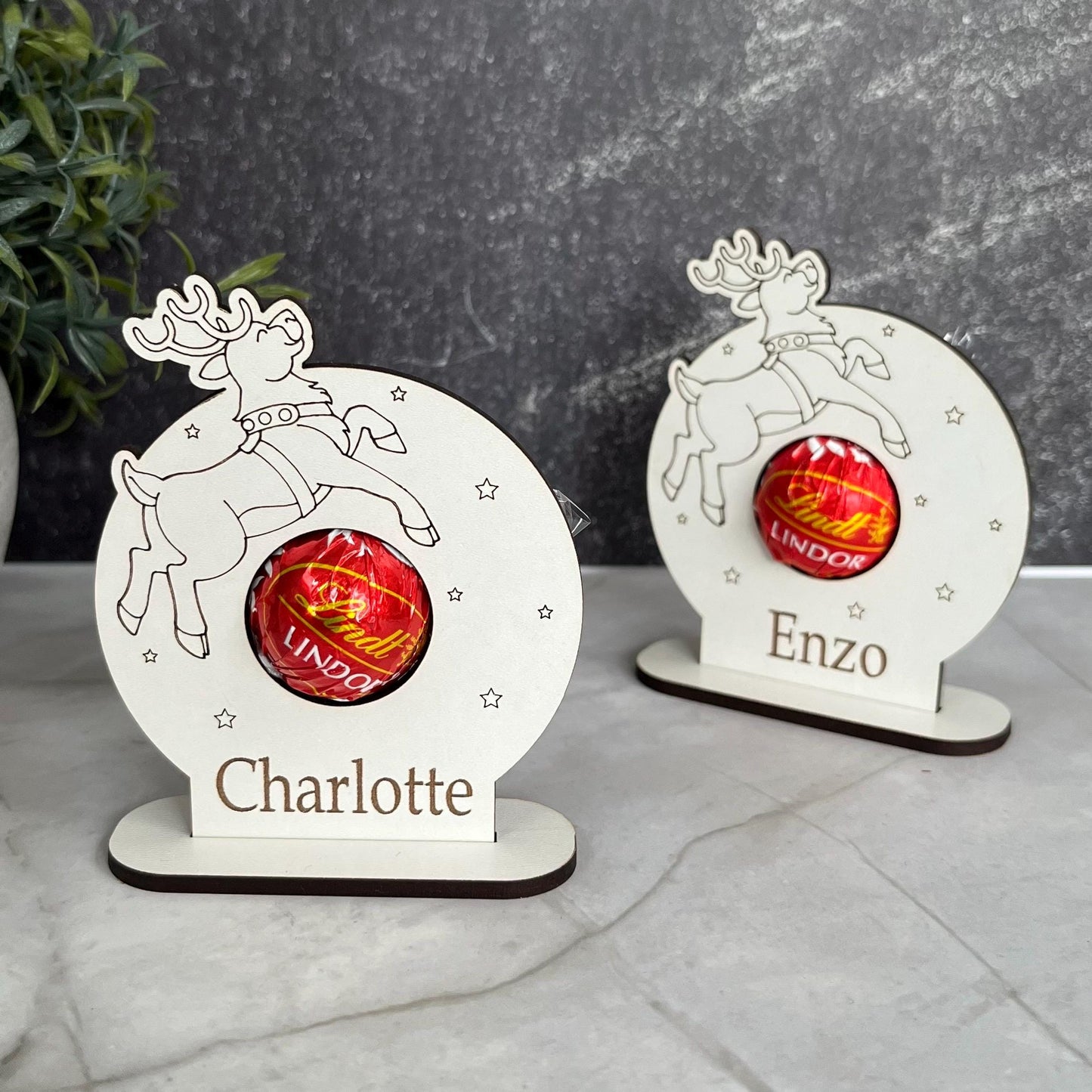 Christmas Table Family Place Settings, Personalised Chocolate Lindor Holder, Place Card: Wooden Table Decoration