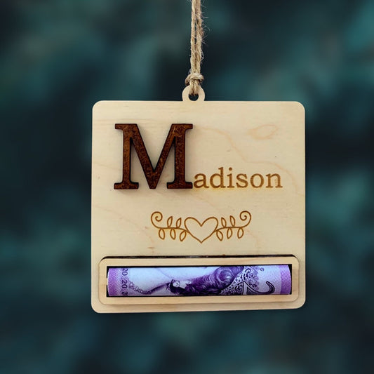 Personalized Money Holder Ornament: Engraved Birch Wood Birthday Gift