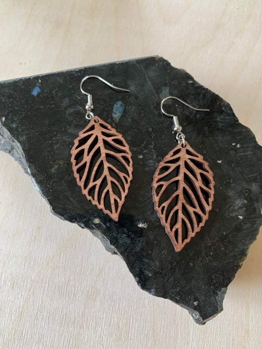 Leaf Design Wooden Earrings: Lightweight Birch Dangle Earrings