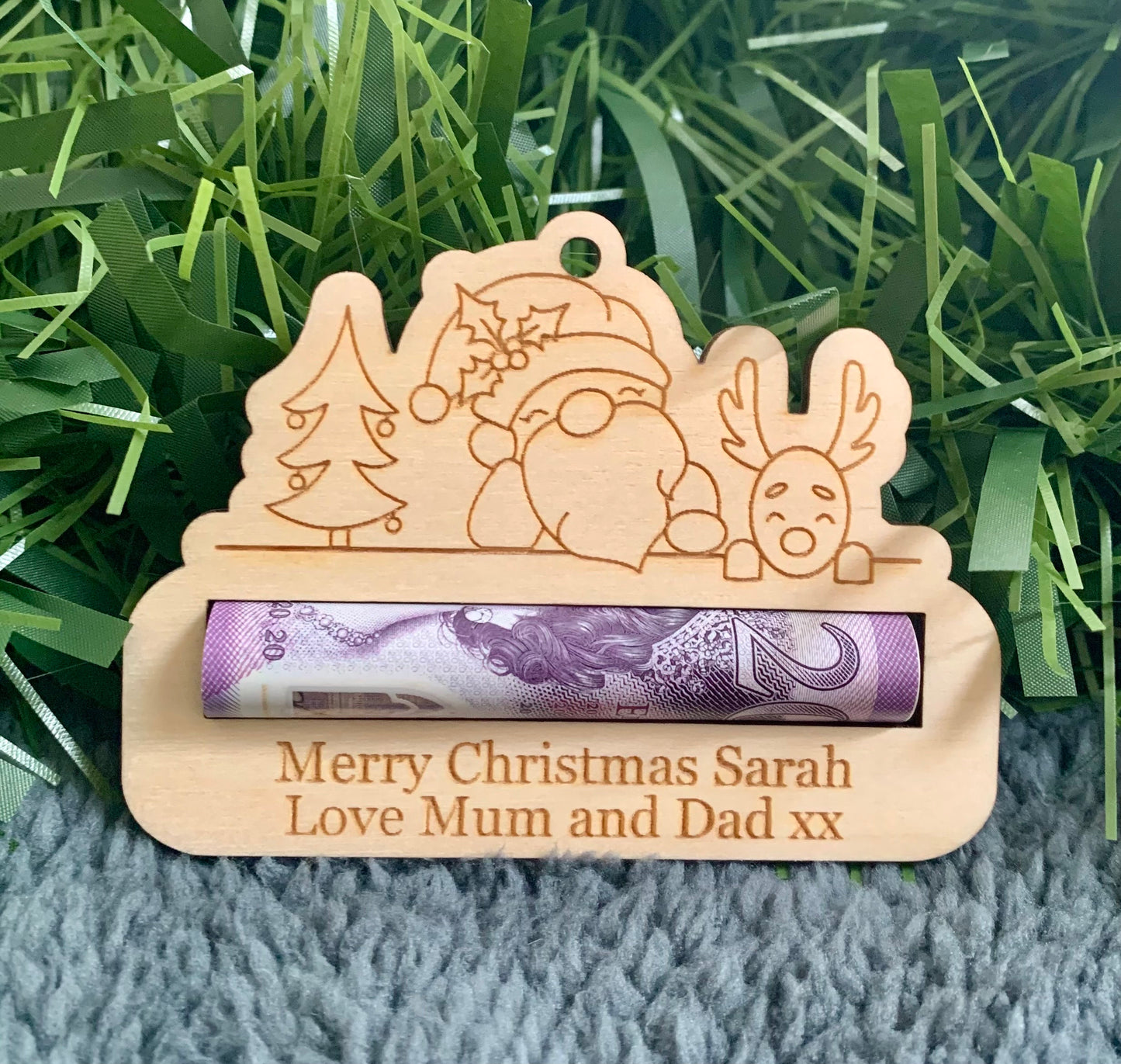 Personalised Christmas Money Holder: Wooden Tree Decoration, Cash Gift Envelope