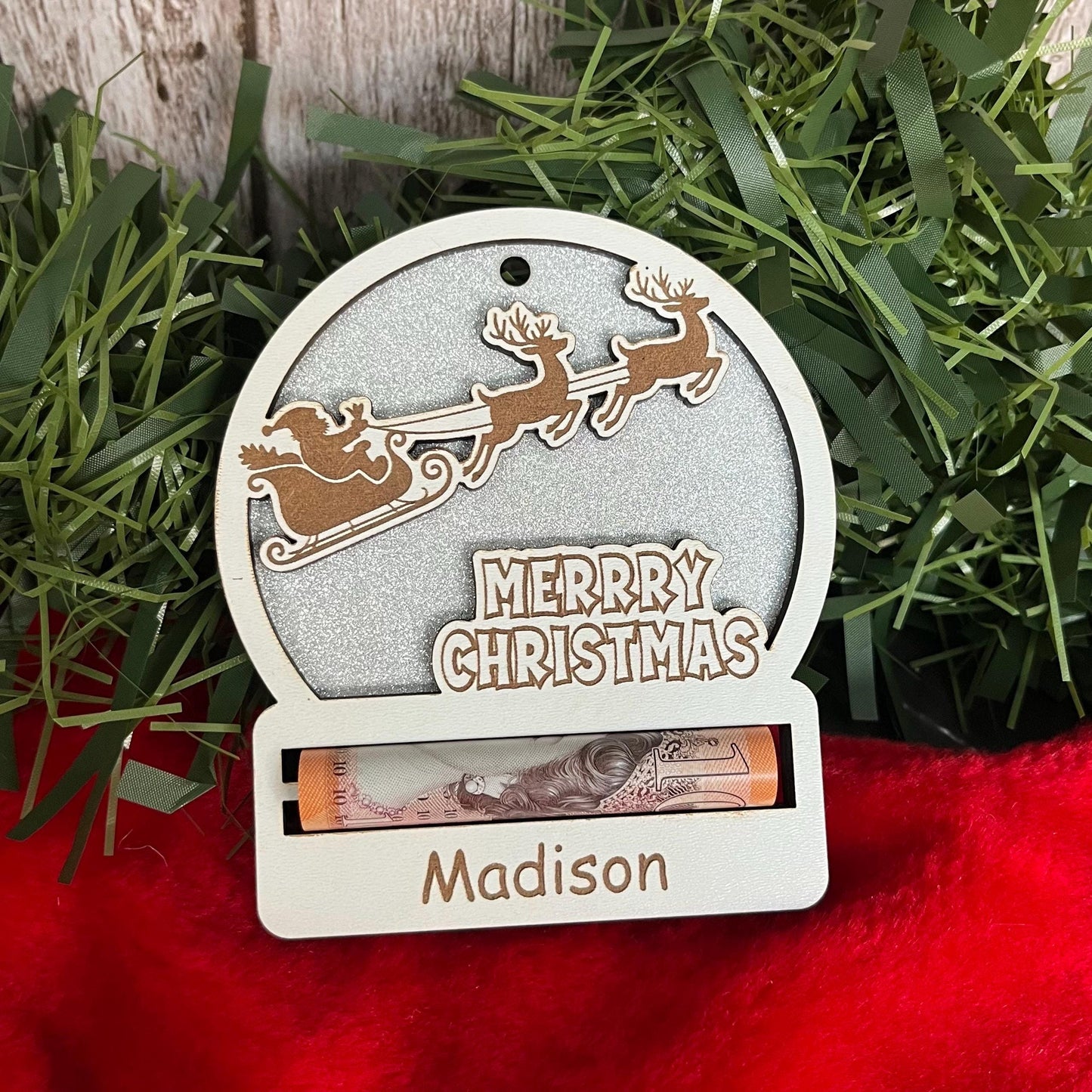 Personalised Reindeer Wooden Christmas Money Holder - Sparkly Xmas Ornament, Cash Envelope