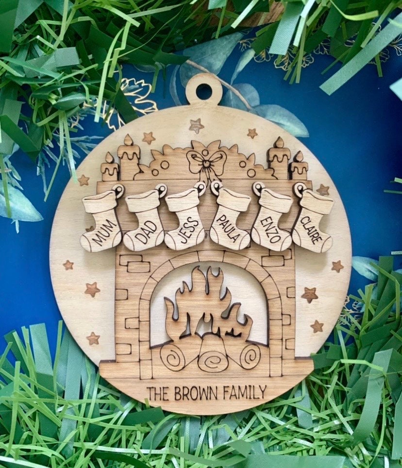 Personalised Family Stocking Ornament: Engraved Birch & Oak Bauble, Family Tree, Grandparent Christmas