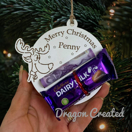 Personalised Reindeer Chocolate & Money Holder: Wooden Christmas Ornament