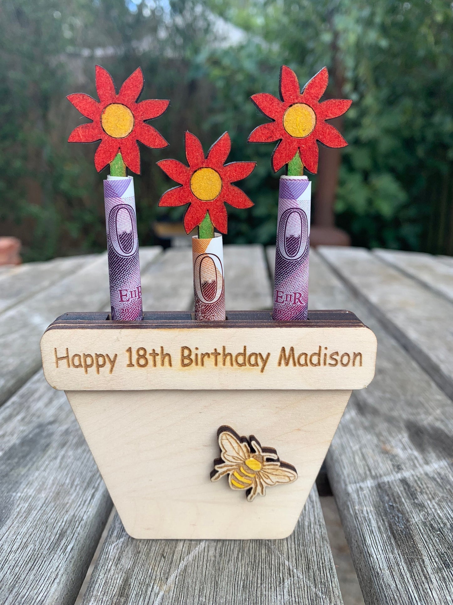 Personalised Birthday Money Holder: Wooden Flower Pot Gift, Cash Envelope
