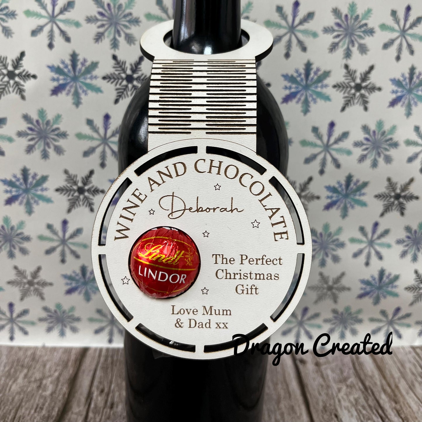 Personalised Funny Christmas Wine And Chocolate Bottle Tag: Engraved Wooden Chocolate Holder, Label