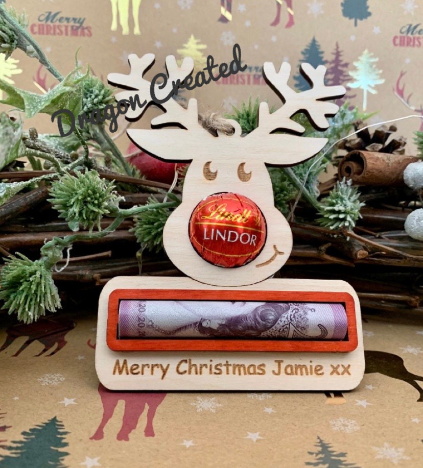 Personalised Reindeer Christmas Ornament: Lindor Chocolate & Money Holder, Cash Envelope