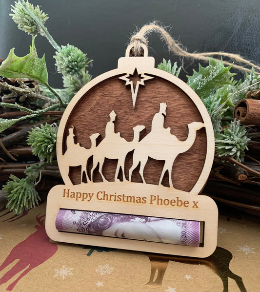 Personalised Nativity Christmas Money Holder: Engraved Birch Wood Ornament