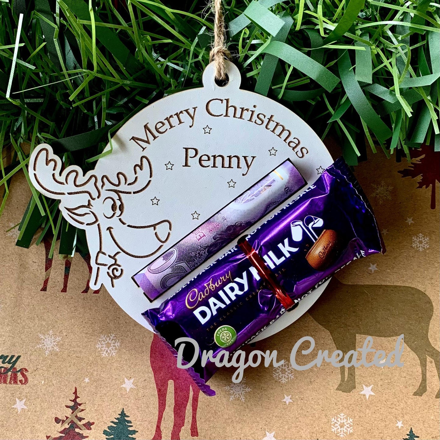 Personalised Reindeer Chocolate & Money Holder: Wooden Christmas Ornament