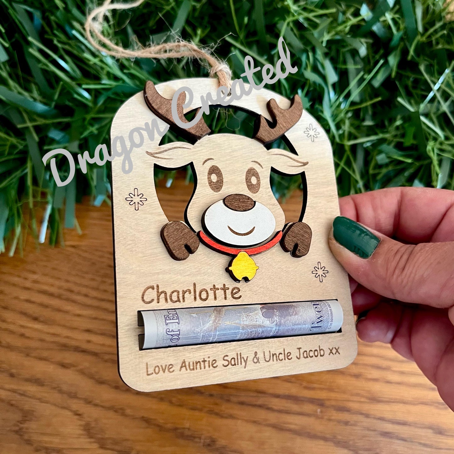 Personalised Christmas Money Holder: Reindeer Tree Decoration, Birch Wood, Cash Envelope