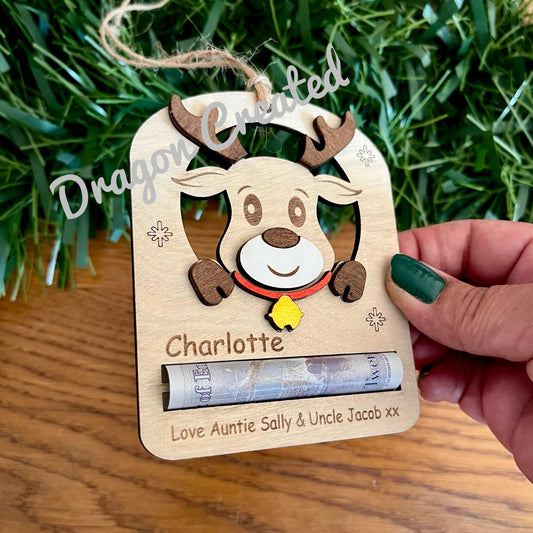 Personalised Christmas Money Holder: Reindeer Tree Decoration, Birch Wood, Cash Envelope