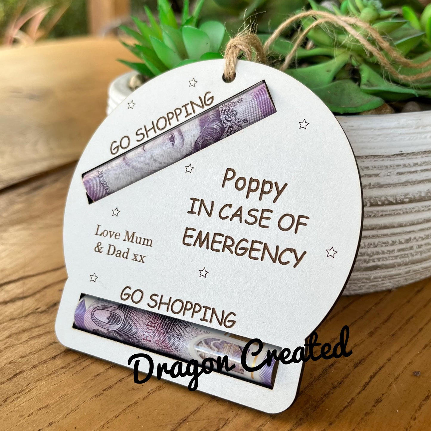 Personalised Birthday Money Holder: Engraved Wooden Gift Envelope, In Case Of Emergency