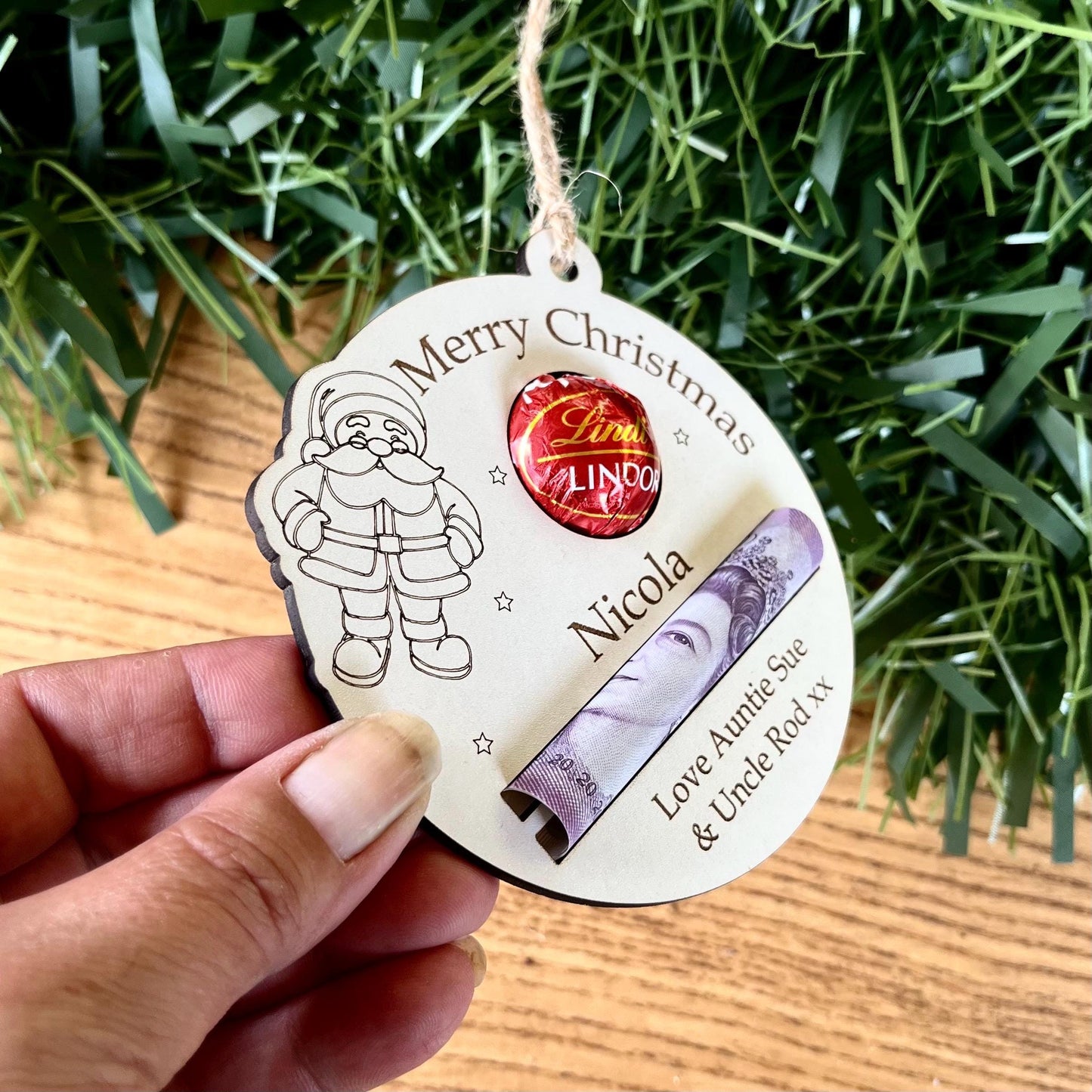 Personalised Christmas Chocolate & Money Holder: Santa Lindor, Engraved Wood, Cash Envelope