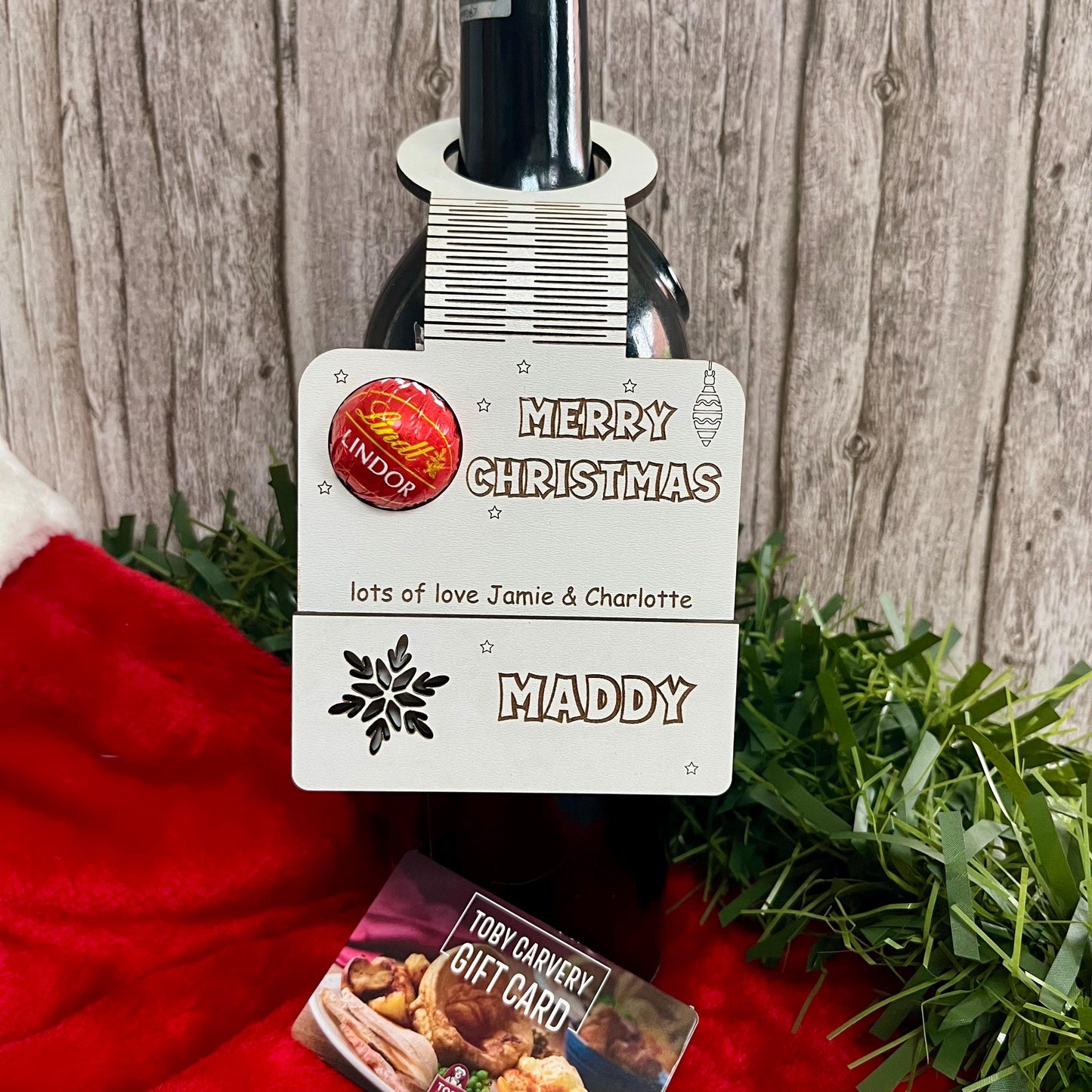 Personalised Christmas Wine Tag: Gift Card Holder, With Lindor Chocolate Holder
