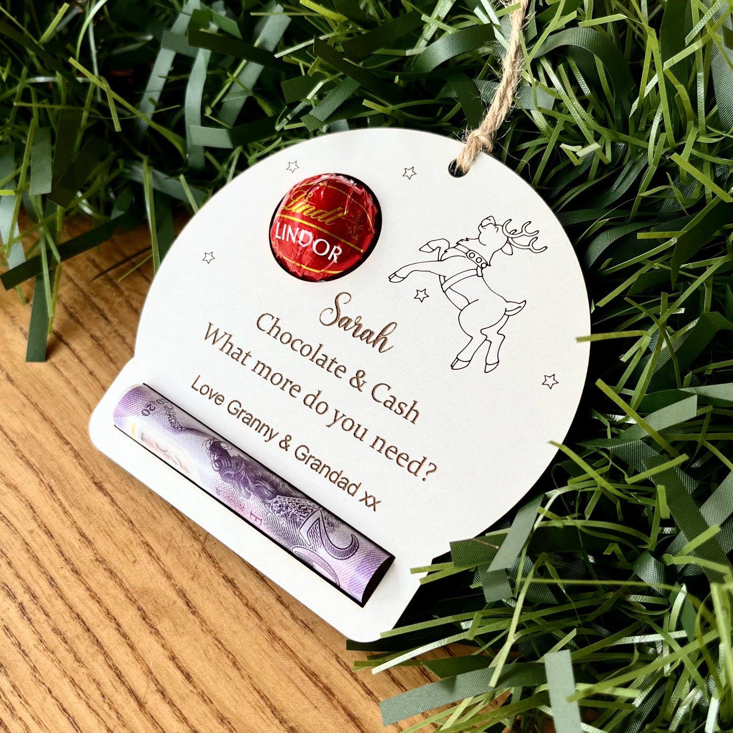 Personalised Reindeer Chocolate & Money Holder: Christmas Tree Decoration, Cash Envelope