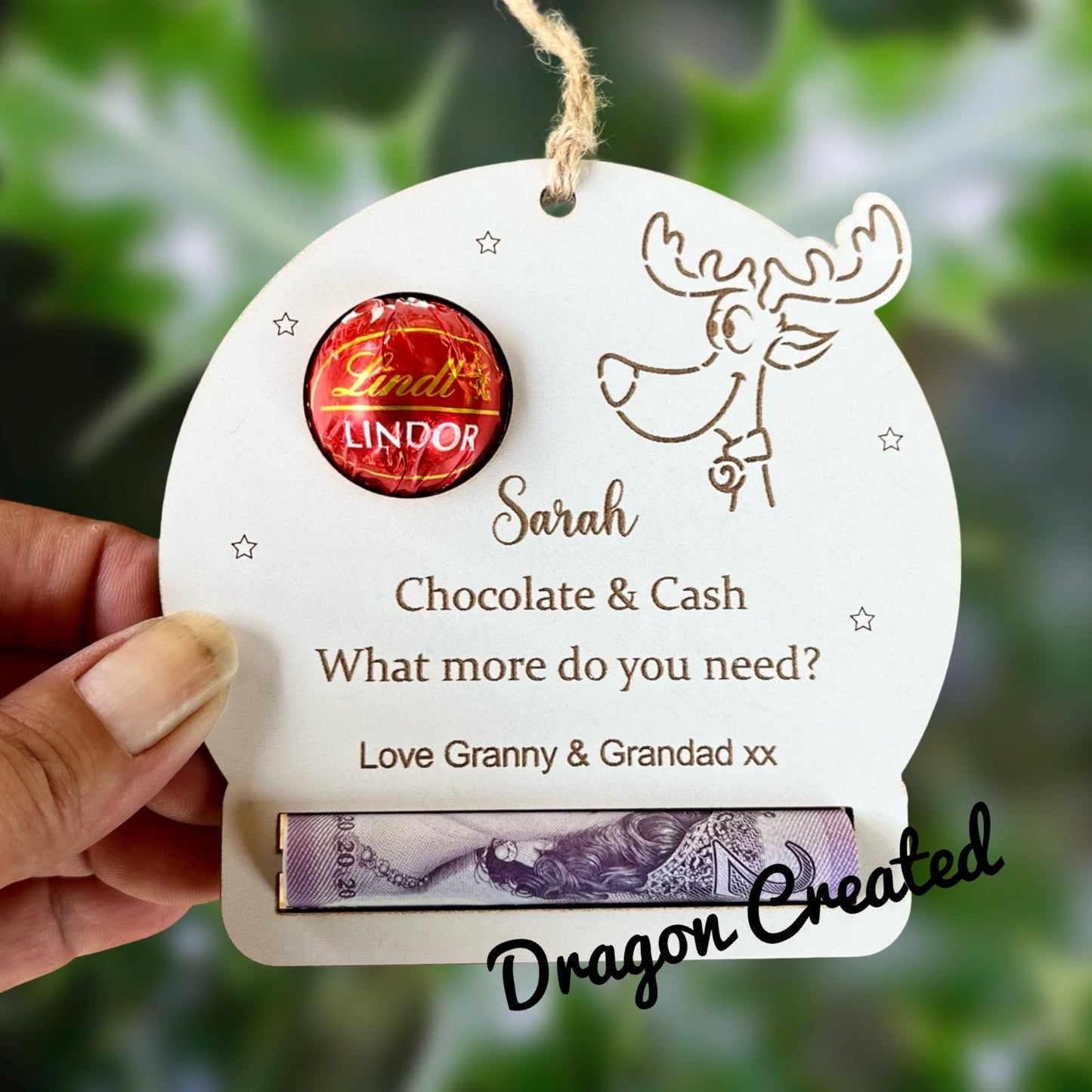 Personalised Reindeer Chocolate & Money Holder: Christmas Tree Decoration, Cash Envelope