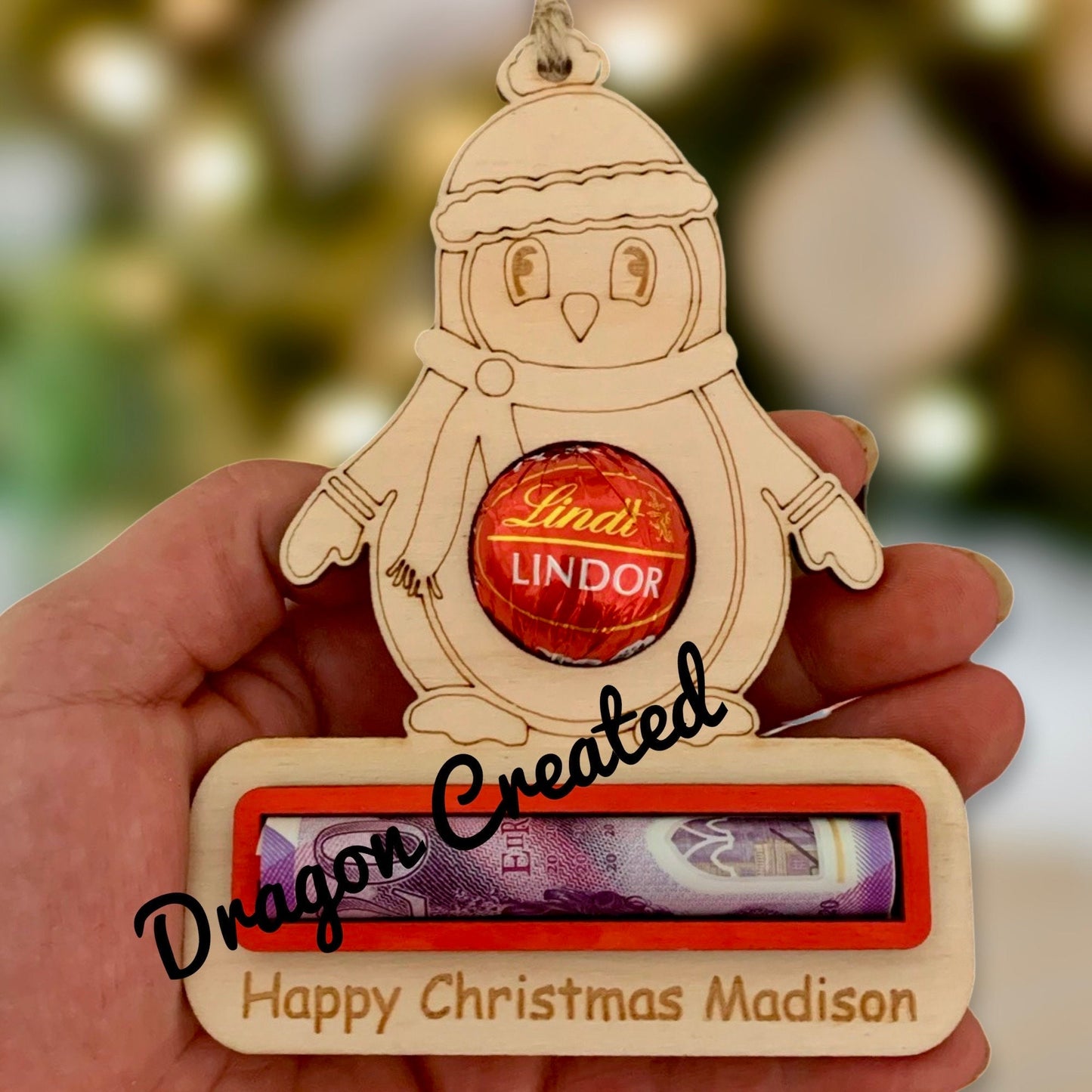 Personalised Penguin Chocolate Money Holder: Engraved Birch Wood Christmas Bauble