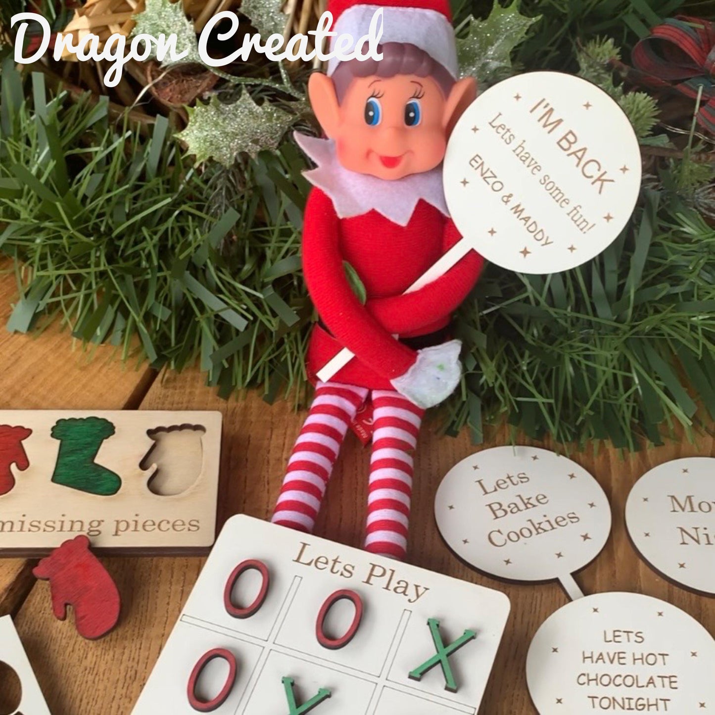 Christmas Naughty Elf Props, Xmas Elf Signs And Games. Wooden Personalised Signs
