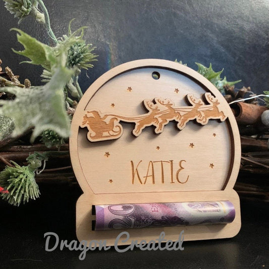 Personalised Santa Christmas Money Holder Ornament: Engraved Wood Bauble, Cash Envelope