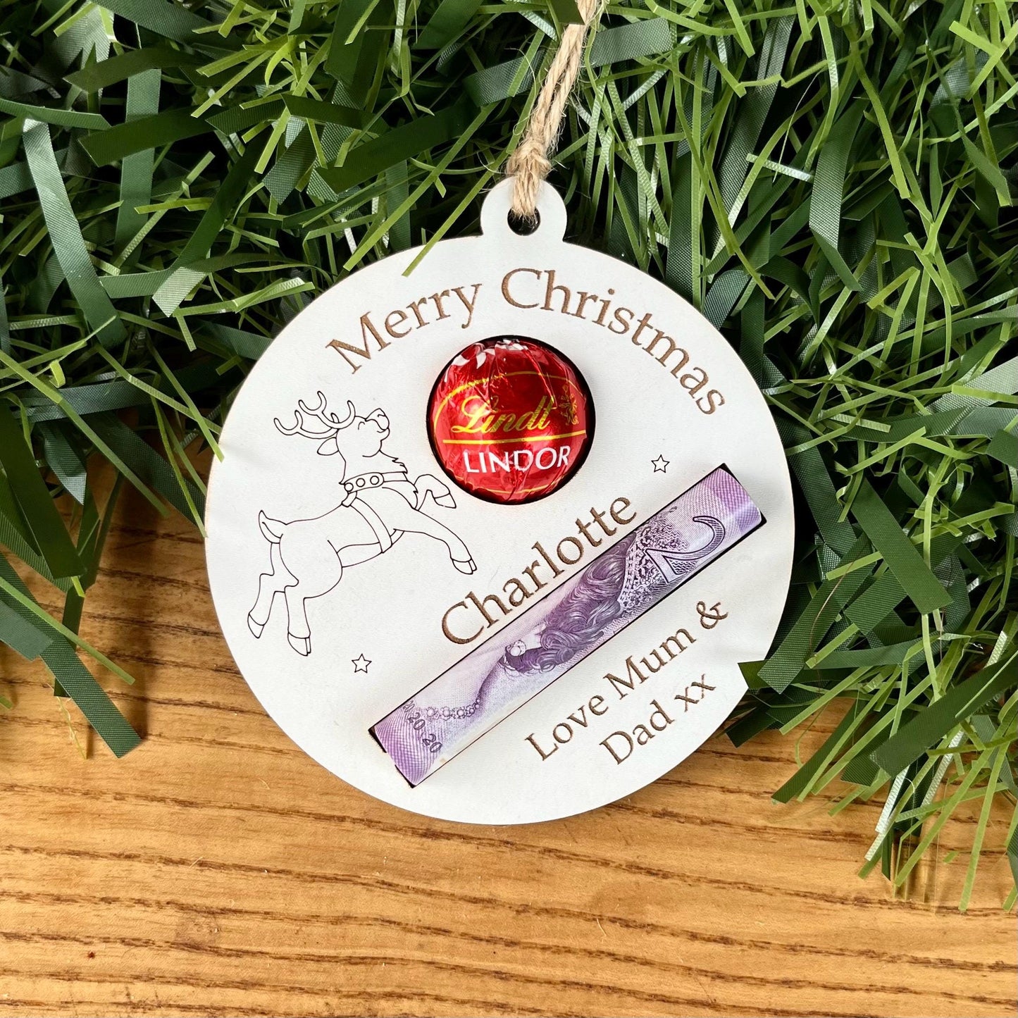 Personalised Reindeer Chocolate & Money Holder: Christmas Tree Decoration, Cash Envelope