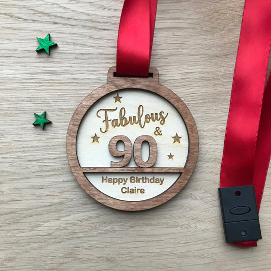 Personalised 90th Birthday Award Medal: Engraved Birch Wood