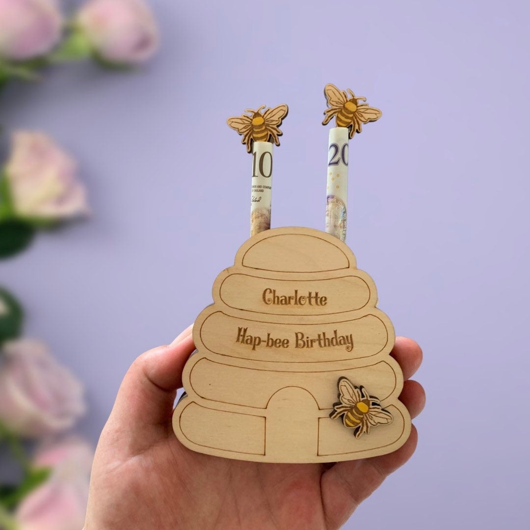 Personalised Wooden Money Holder: Bumblebee Birthday Gift Wallet, Cash Envelope