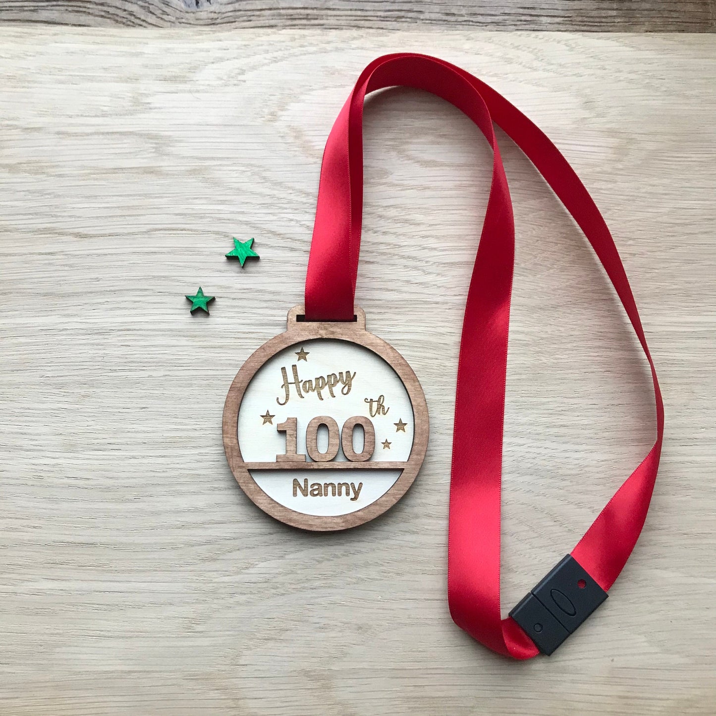 Personalised 100th Birthday Award Medal: Laser Engraved Wood