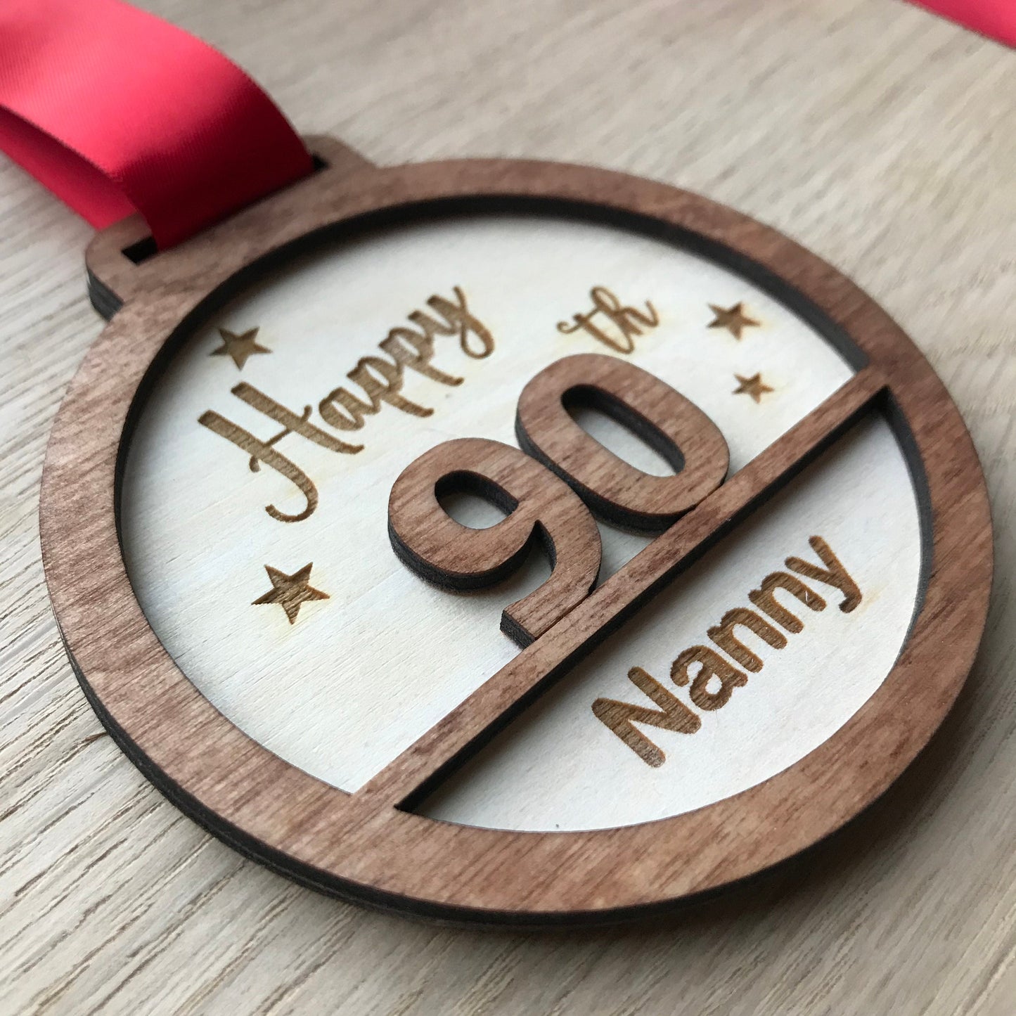 Personalised 90th Birthday Award Medal: Engraved Birch Wood