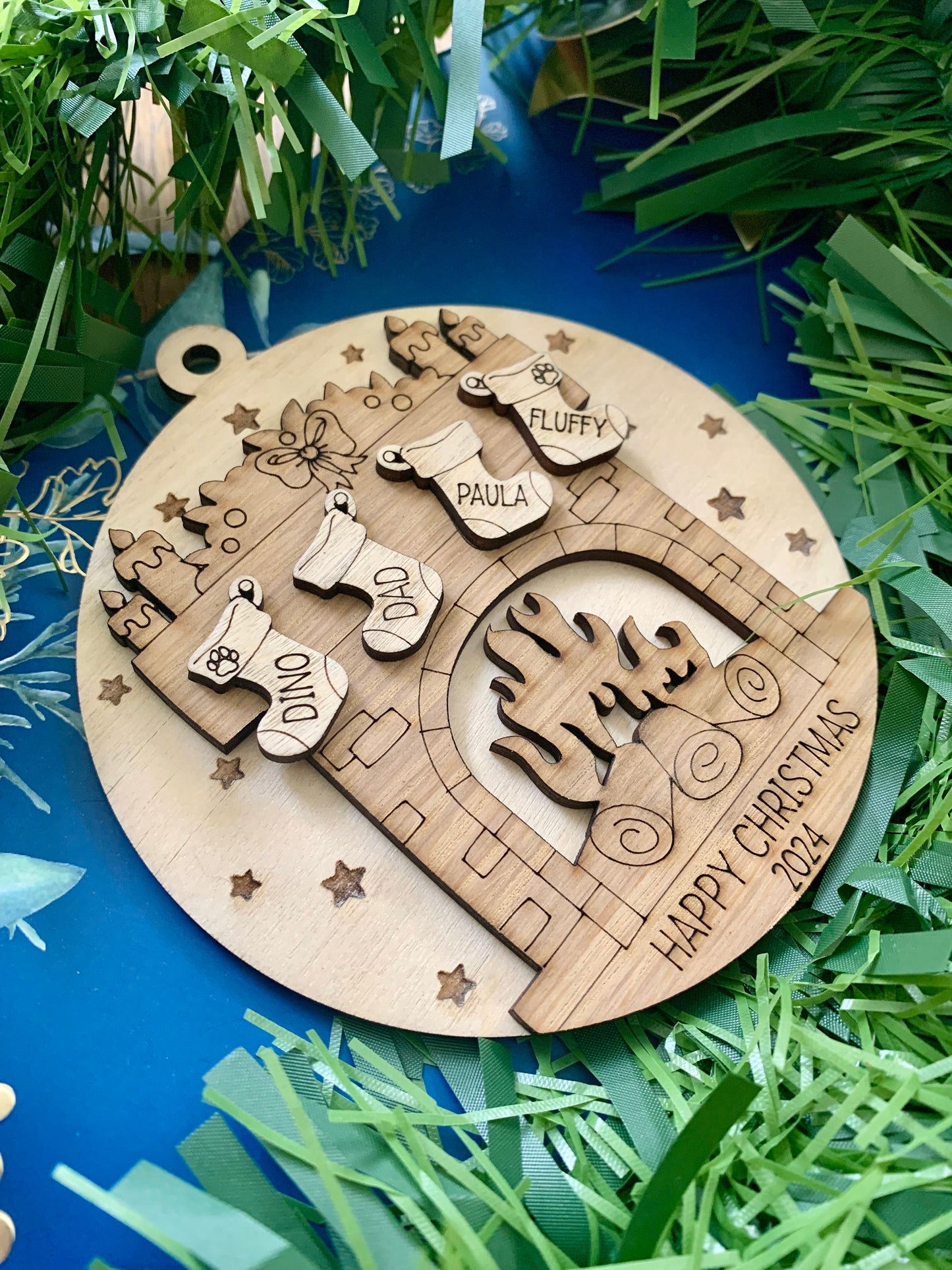 Personalised Family Stocking Ornament: Engraved Birch & Oak Bauble, Family Tree, Grandparent Christmas