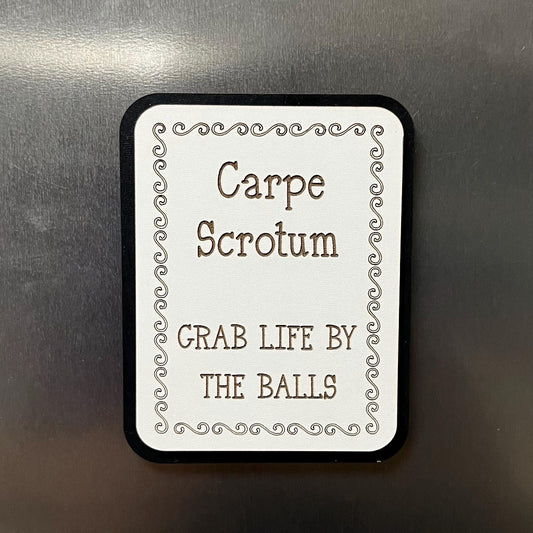 Funny Fridge Magnet: Wood Engraved Quote, Carpe Scrotum, Grab Life By The Balls, Naughty Fun Quote