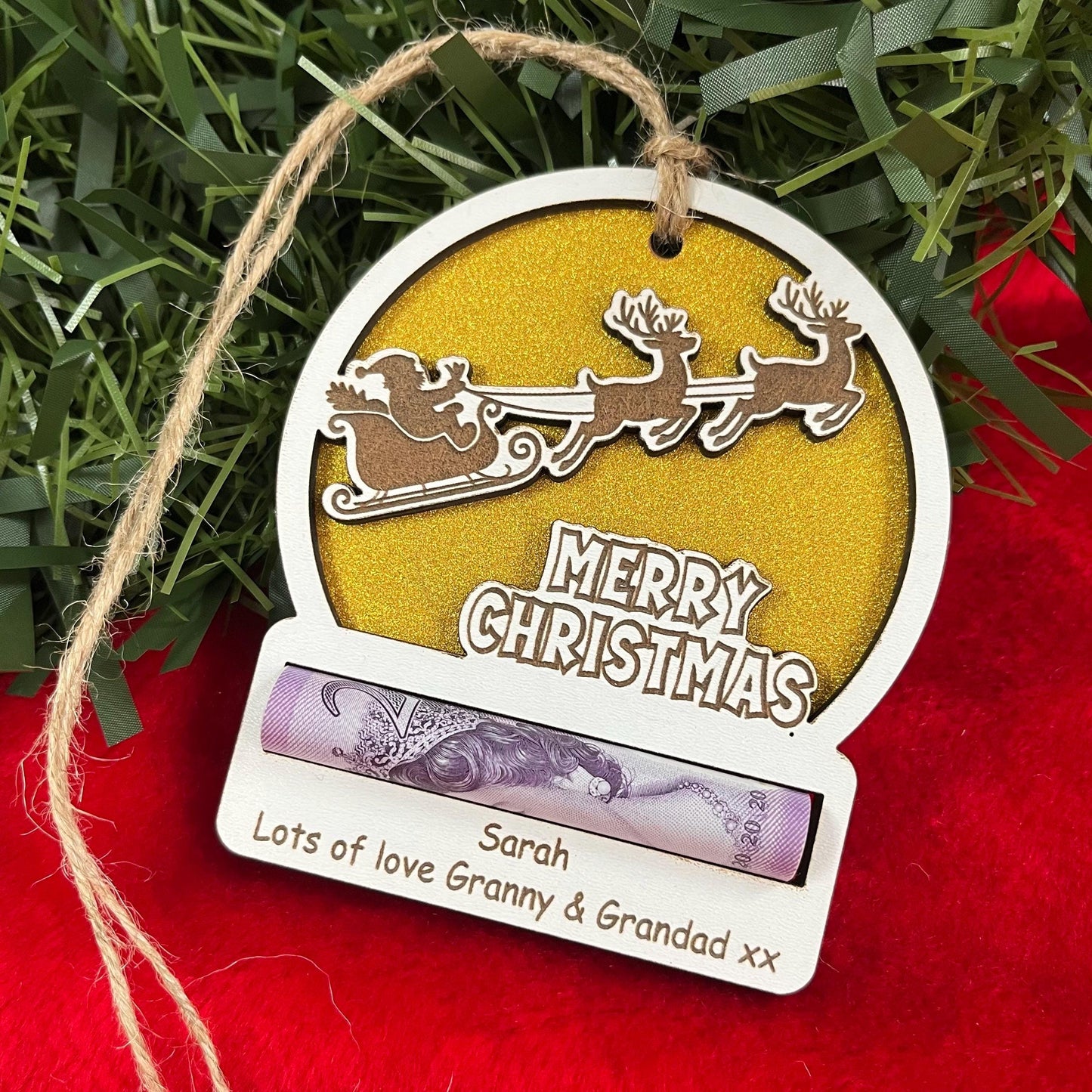 Personalised Reindeer Wooden Christmas Money Holder - Sparkly Xmas Ornament, Cash Envelope