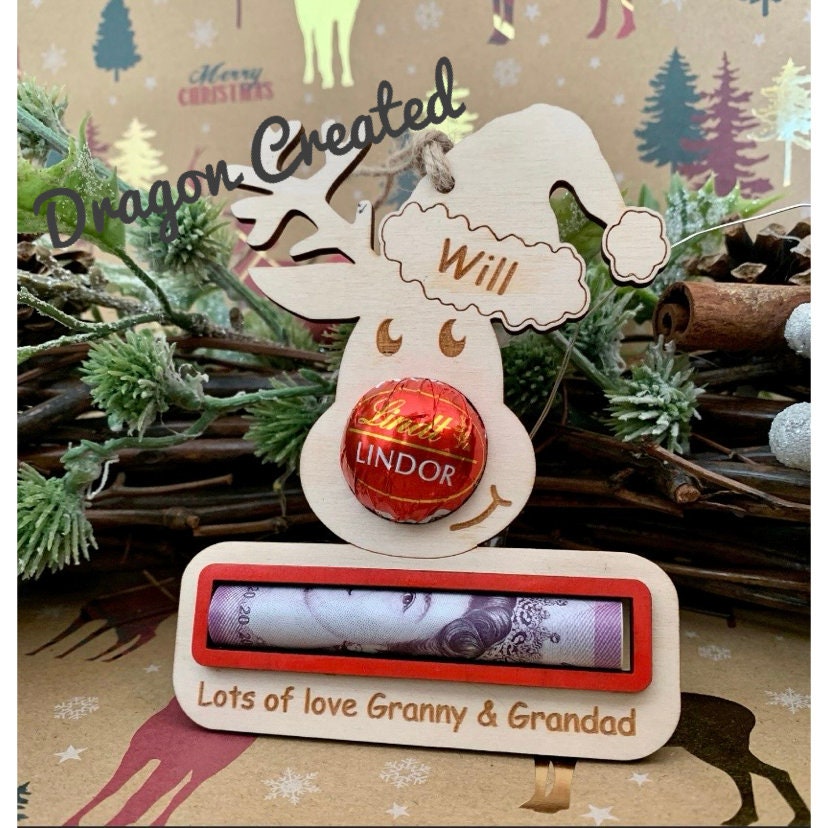 Personalised Christmas Money Holder Ornament: Reindeer Chocolate Bauble