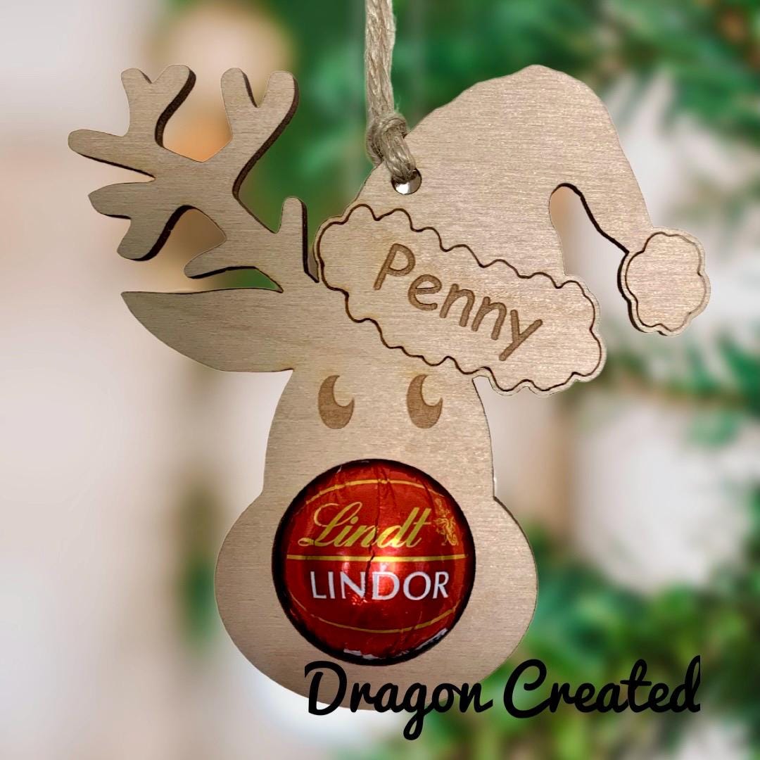 Personalised Reindeer Ornament: Birch Wood, Lindor Chocolate Holder, Christmas Tree Ornament