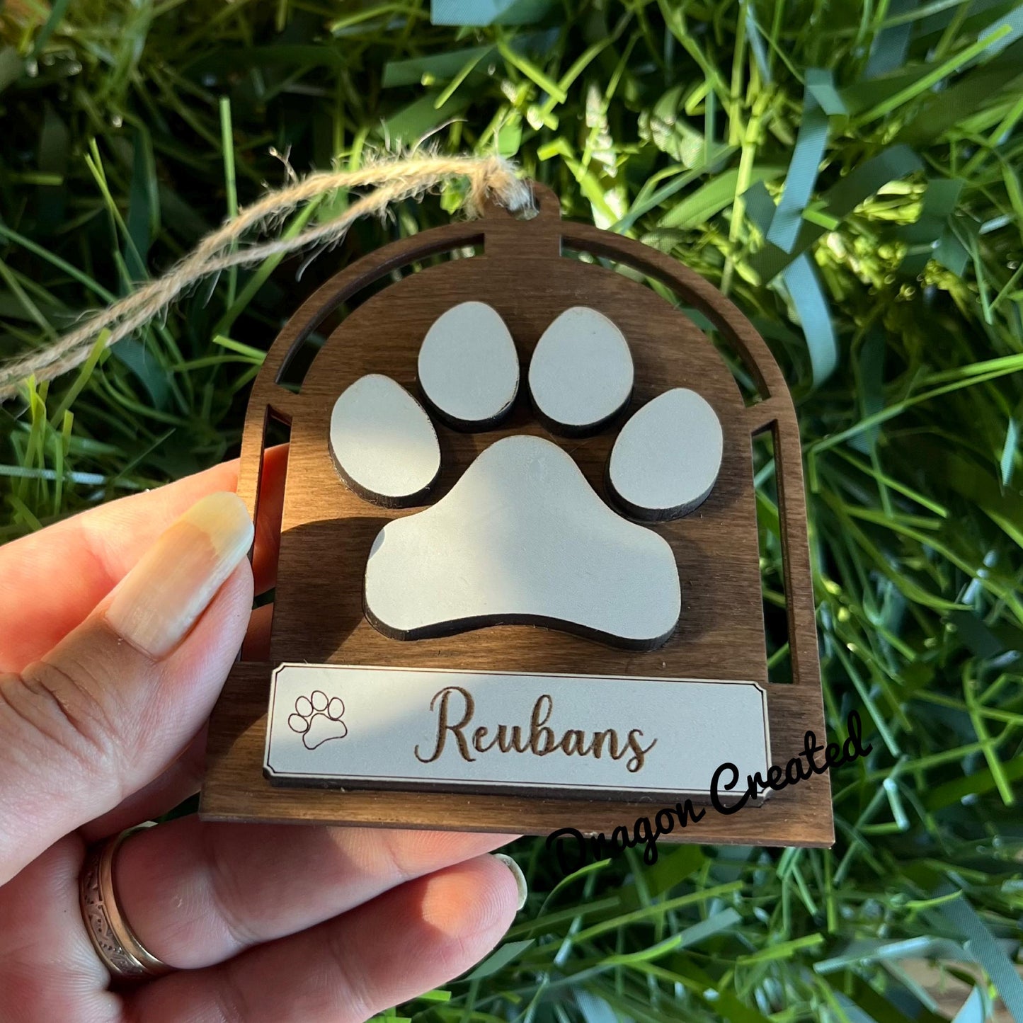 Pet Christmas Ornament: Personalised Engraved Wooden Dog Paws, Tree Decoration.