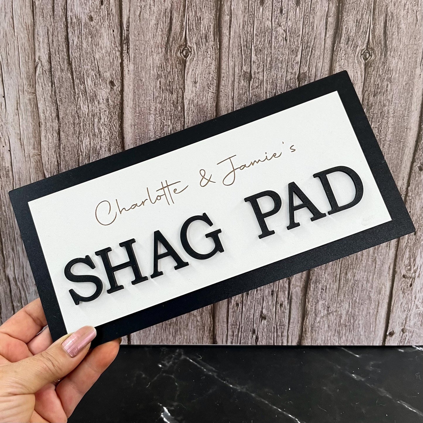 Personalised Shag Pad Sign: Engraved Bedroom Plaque, Rude Humor Gift, Joke Couples