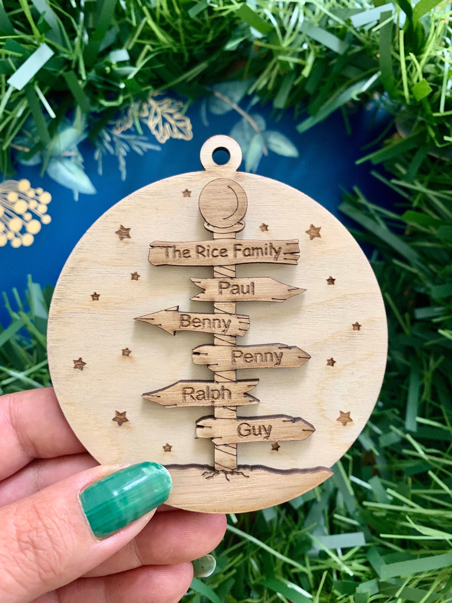 Personalised Family Christmas Ornament: North Pole Signpost, Wooden Bauble, Tree Decoration