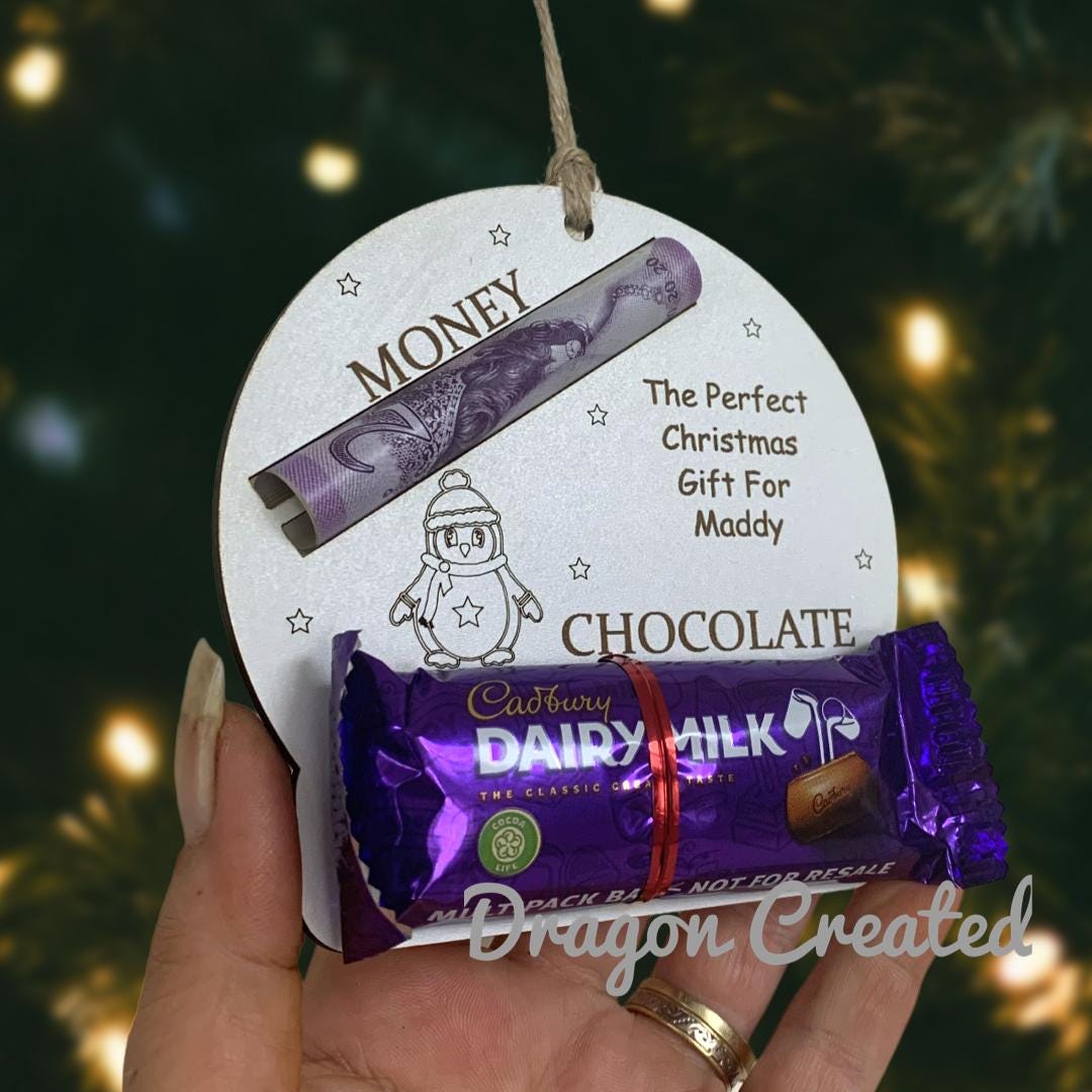 Personalised Christmas Money & Chocolate Holder: Engraved Wood Bauble