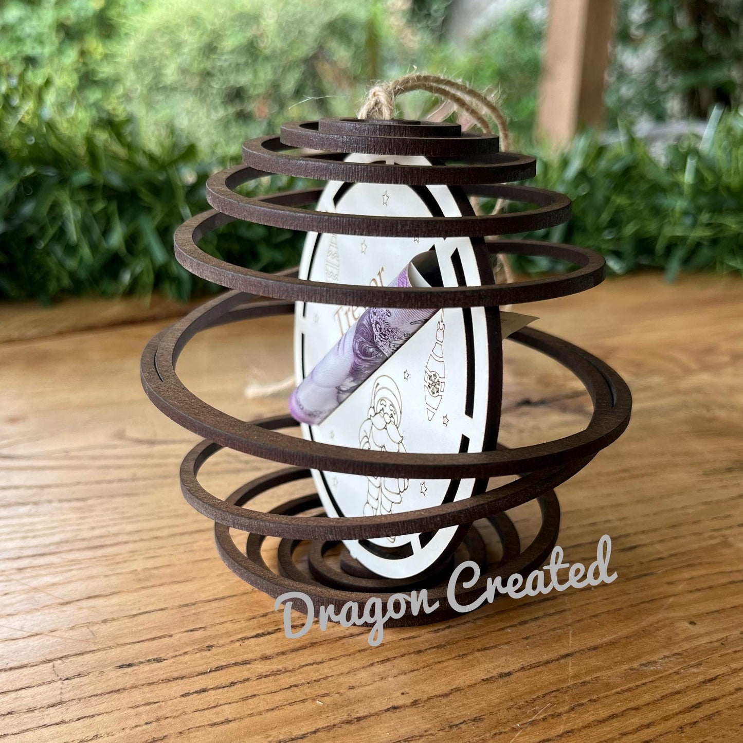 Personalised Father Christmas, Santa Money Holder - Tree Ornament, Wooden Swirl Bauble
