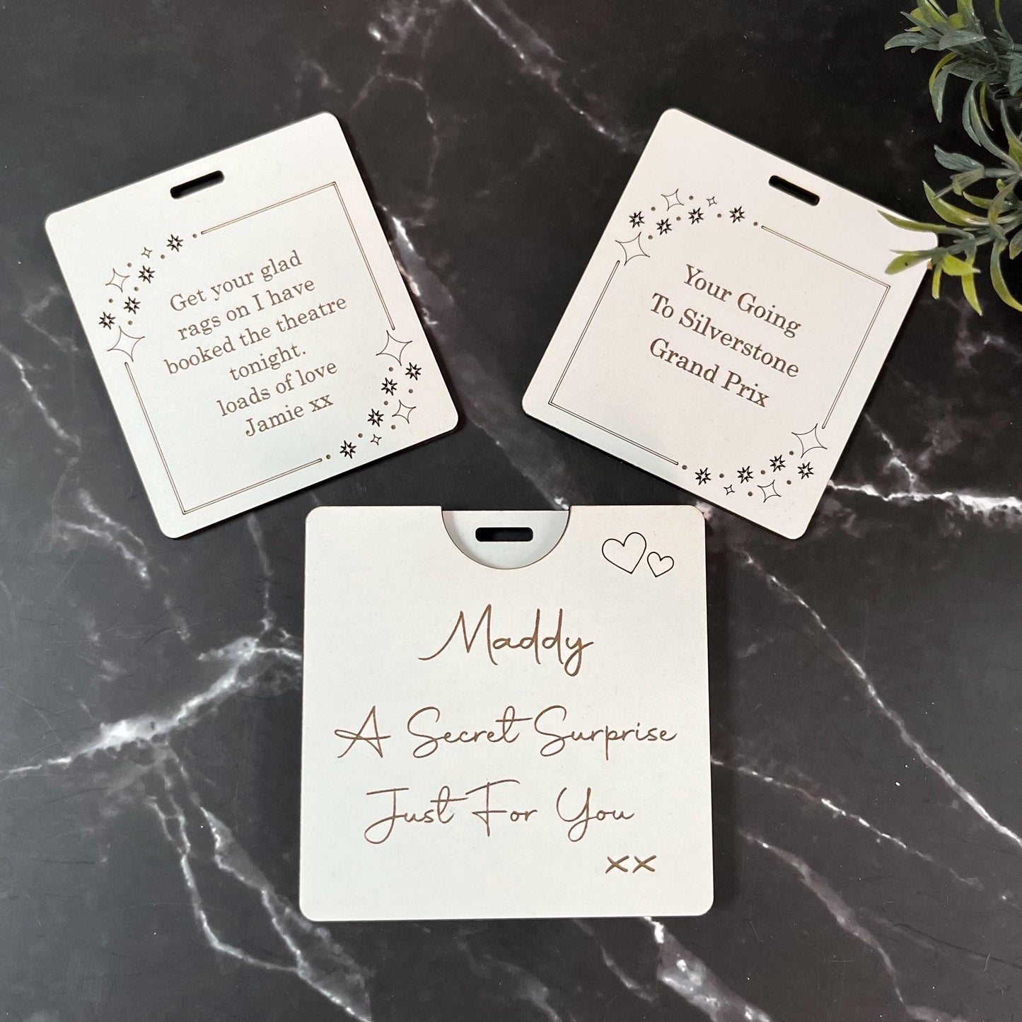 Secret Surprise Reveal, Wooden Card, Personalised Love Letter.