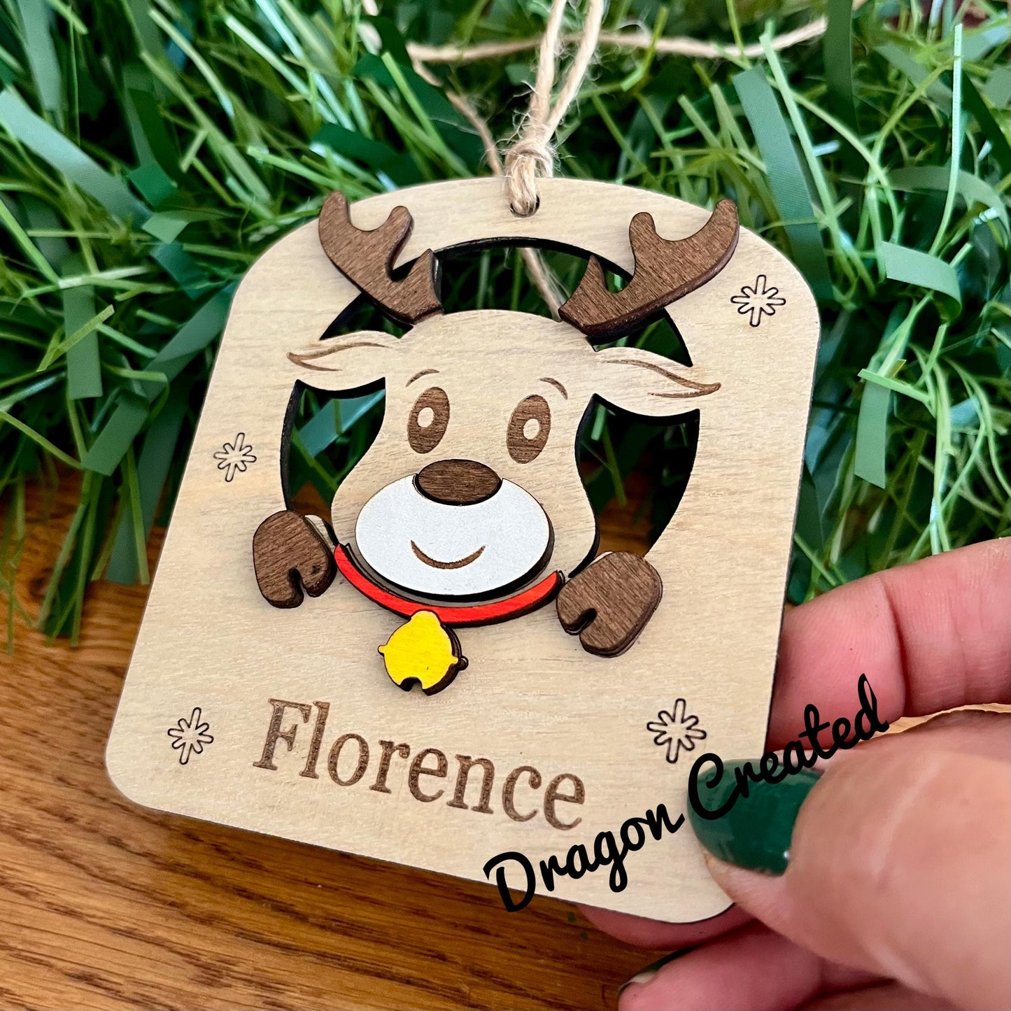 Personalised Reindeer Christmas Ornament: Engraved Birch Wood Stocking Tag, Tree Bauble