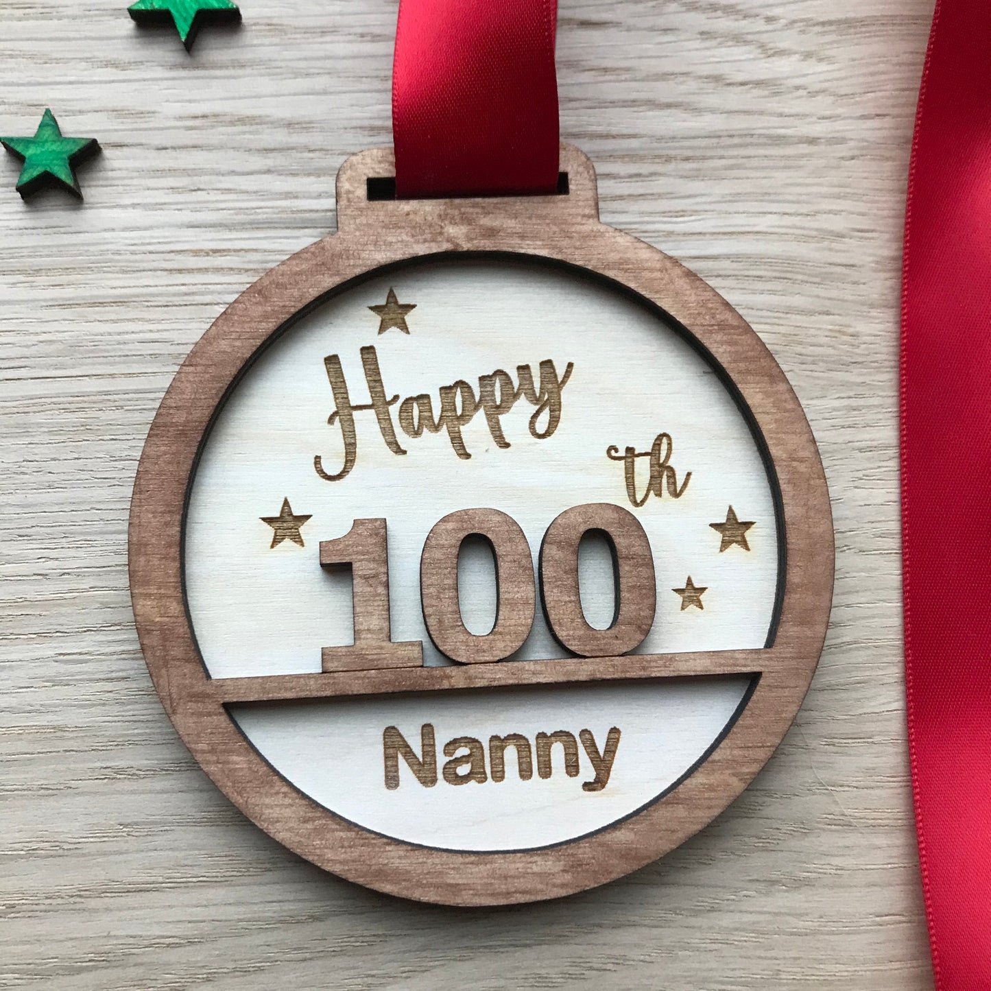 Personalised 100th Birthday Award Medal: Laser Engraved Wood