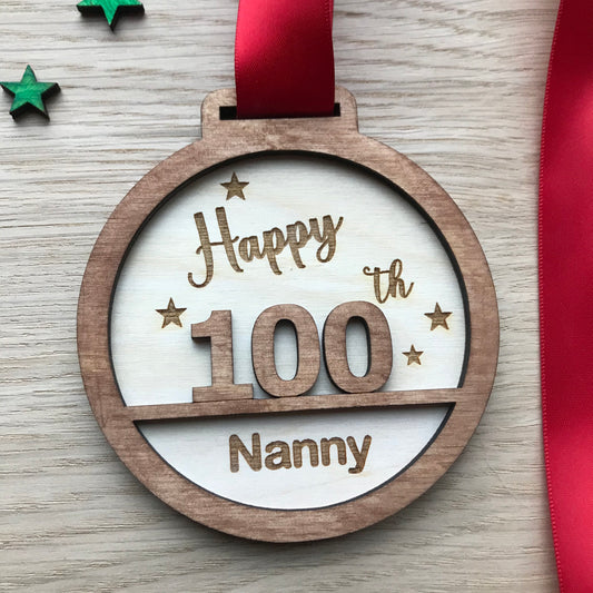 Personalised 100th Birthday Award Medal: Laser Engraved Wood