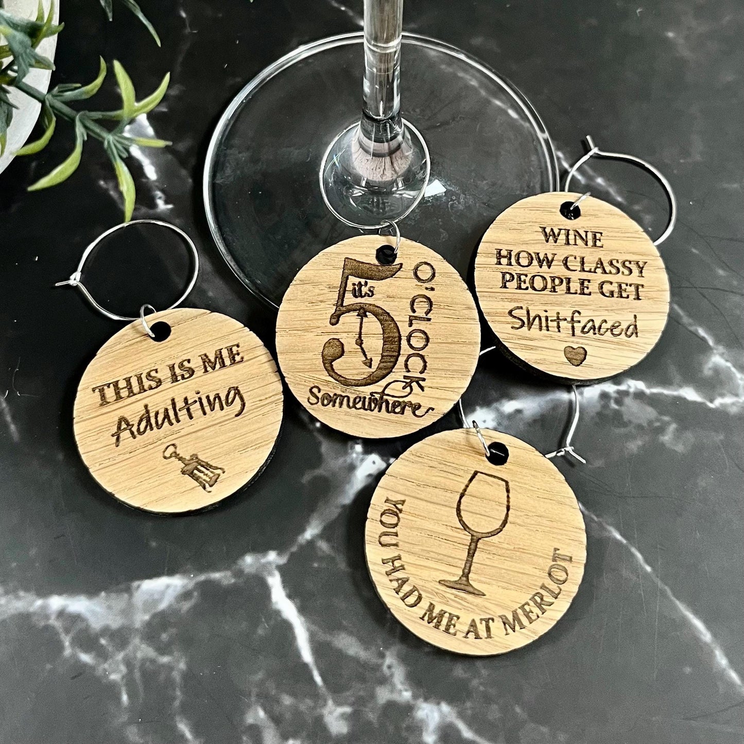 Funny Novelty Oak Wine Glass Charms: Personalised Girls Night Gift Set, Party Glass Tags