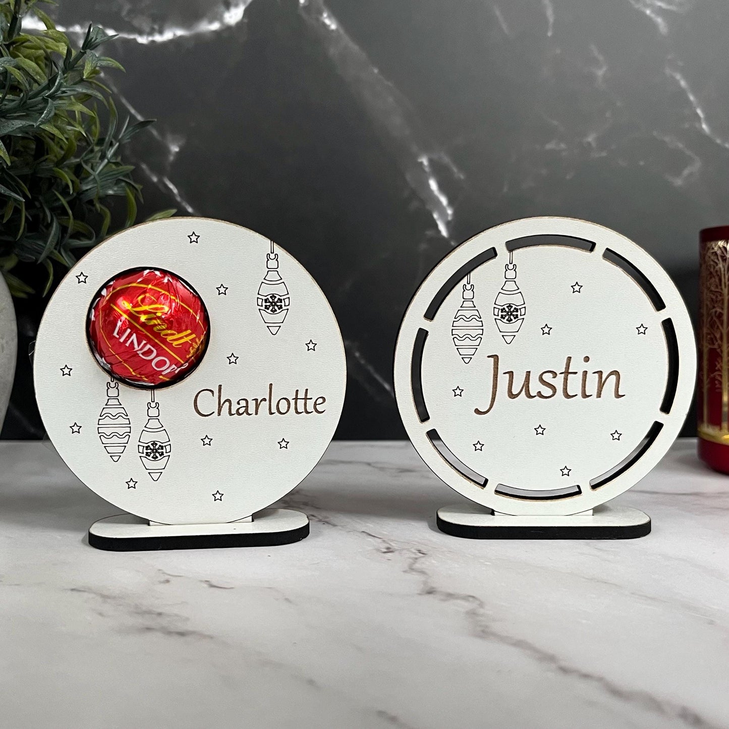 Personalised Christmas Table Place Settings, Chocolate Lindor Holder, Place Card: Laser Engraved Wooden Table Decoration