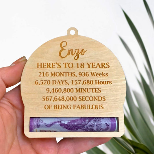 Personalised 18th Birthday Money Holder: Laser Engraved Birch Wood