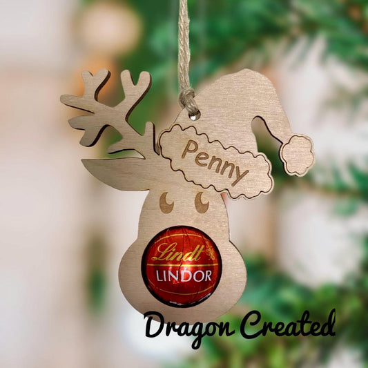 Personalised Reindeer Ornament: Birch Wood, Lindor Chocolate Holder, Christmas Tree Ornament