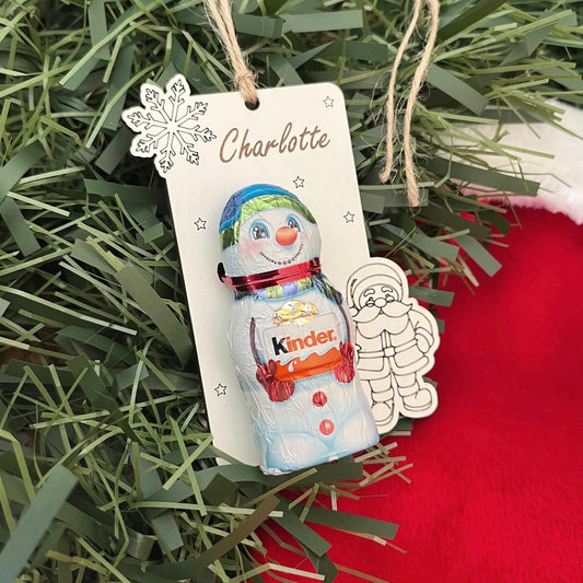 Christmas Tree Ornament, Kinder Snowman Chocolate Holder, Personalised Bauble