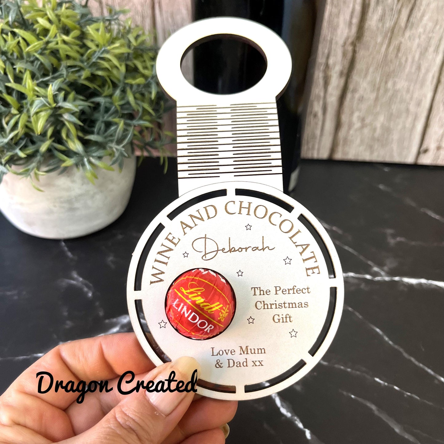 Personalised Funny Christmas Wine And Chocolate Bottle Tag: Engraved Wooden Chocolate Holder, Label