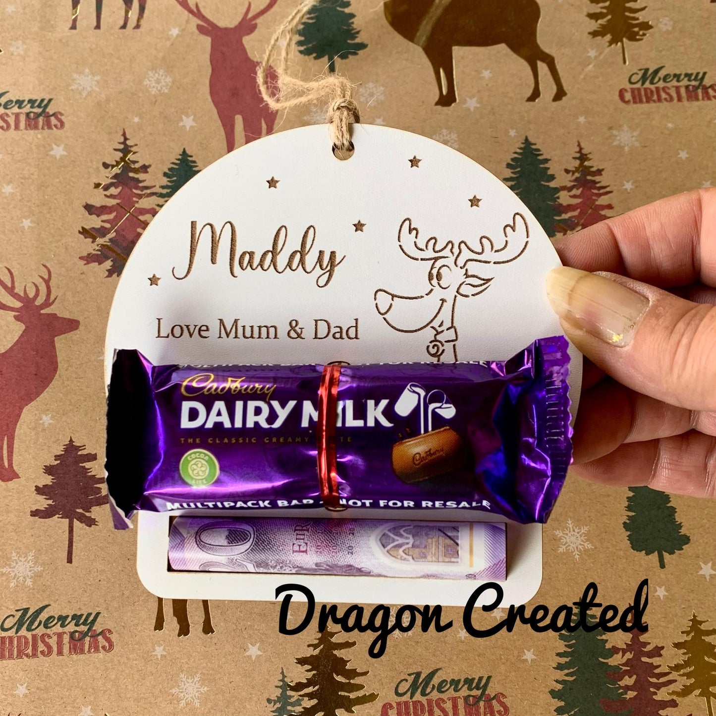 Christmas Money Holder, Chocolate & Cash, Personalised Wooden Money Envelope, Tree Ornament