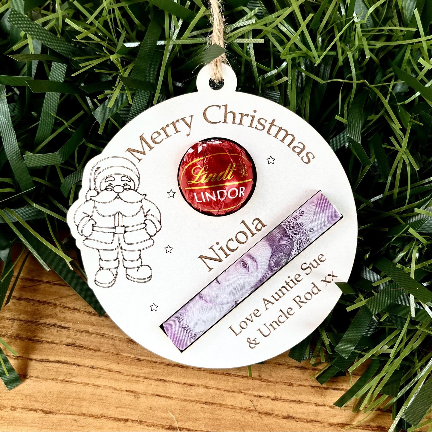 Personalised Christmas Chocolate & Money Holder: Santa Lindor, Engraved Wood, Cash Envelope